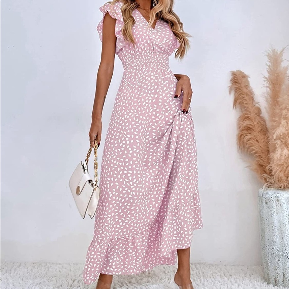 Allover Print Shirred Ruffle A Line Maxi Dress Cap Sleeve Wrap V Neck Dress EUC